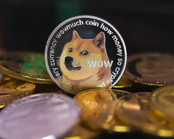 Dogecoin, "wowmuch coin how money so crypto", otoczony innymi monetami. Analiza dogecoin prognoza.