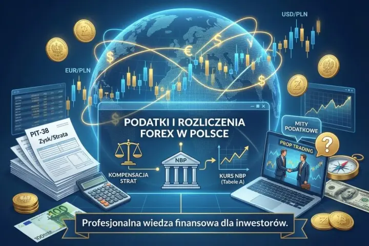Jak nie płacić podatku od forex? Grafika przedstawia rozliczenia podatkowe, PIT-38, kalkulator, NBP, wykresy i waluty, sugerując profesjonalną wiedzę finansową.
