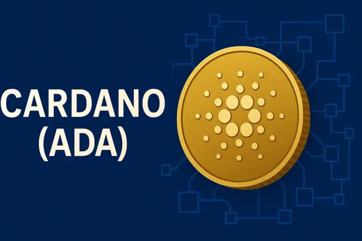 Złota moneta Cardano (ADA) na tle schematu sieci. Analiza Cardano USD.