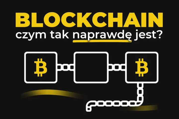 Grafika wyjaśnia, co to blockchain, pokazując połączone bloki z symbolem Bitcoina.