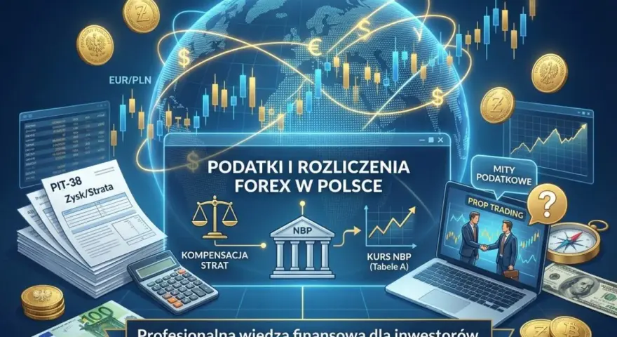 Jak nie płacić podatku od forex? Grafika przedstawia rozliczenia podatkowe, PIT-38, kalkulator, NBP, wykresy i waluty, sugerując profesjonalną wiedzę finansową.