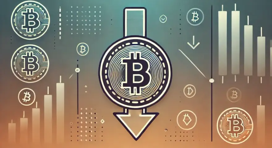 Grafika z ikonami Bitcoina i spadkowym wykresem. Widać symbol spadku, sugerujący granie na spadki.