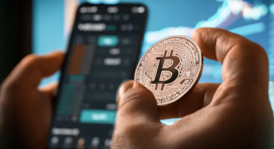 Dłoń trzyma monetę z symbolem Bitcoina, na tle wykresów i ekranu telefonu. Może to być nawiązanie do historii Jamesa Howelsa i jego utraconych bitcoinów.