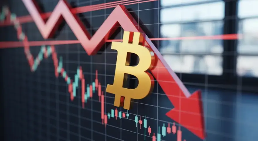 Złoty symbol bitcoin spada wraz z wykresem świecowym, wskazując na spadki wartości. W tle widać odbicie okien, sugerujące biuro.