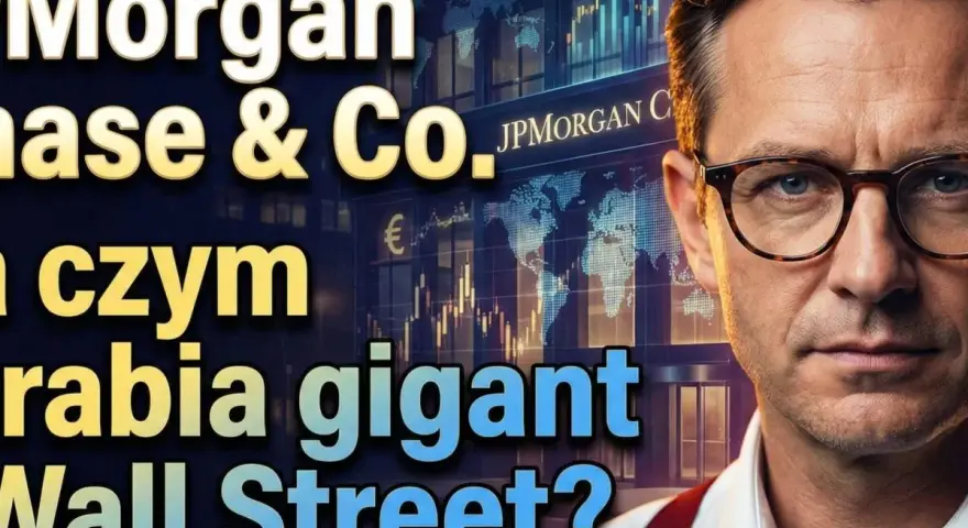 Portret mężczyzny w okularach na tle wykresów giełdowych i logo JPMorgan Chase & Co. Analiza jp morgan akcje.