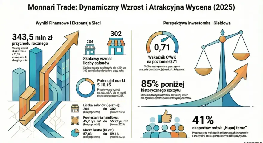 Monnari Trade: dynamiczny wzrost, 343,5 mln zł przychodu, 85% poniżej historycznego szczytu. Eksperci widzą potencjał, jak w przypadku akcji Mondelez.