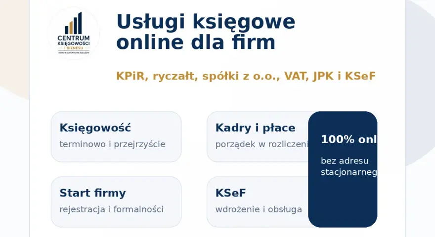 Usługi księgowe online dla firm: KPIR, ryczałt, spółki, VAT, JPK, KSeF. Dowiedz się, jak samemu prowadzić księgowość ryczałt.