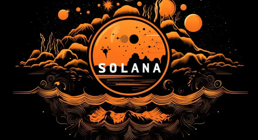 Pomarańczowy, kosmiczny krajobraz z napisem SOLANA w centrum. W tle góry i planety, symbolizujące potencjał solana usd.