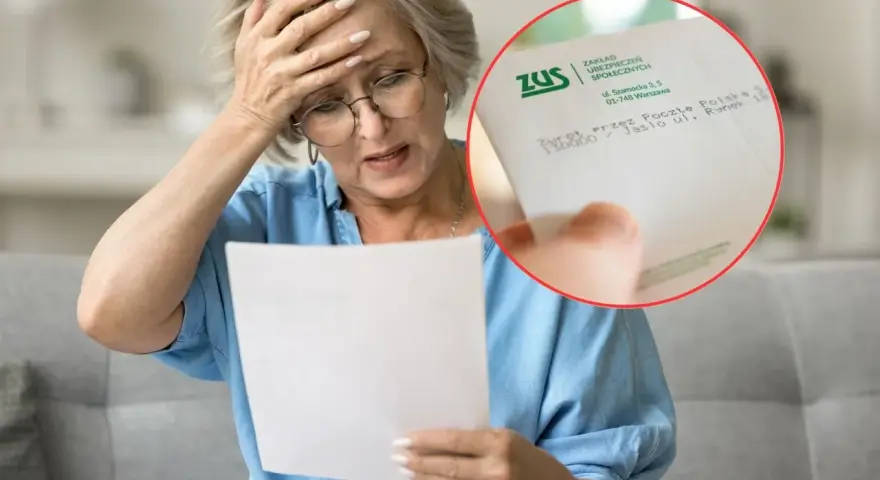 Zmartwiona kobieta trzyma dokument ZUS. Czy to zwrot z jdg?
