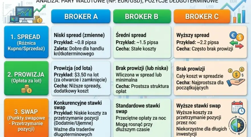 Porównanie kosztów u brokerów Forex: niski, średni i wysoki spread. Wybór zależy od strategii, np. scalping vs. trading długoterminowy.