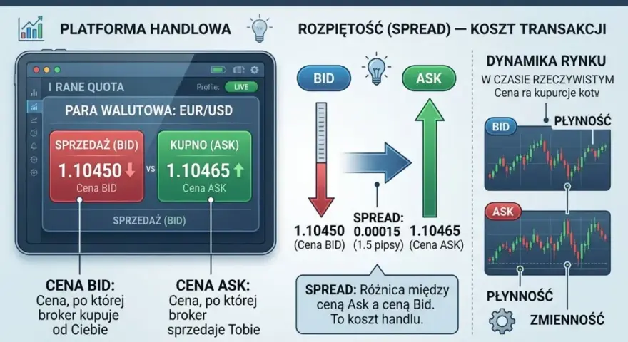 Ilustracja wyjaśnia pojęcia BID, ASK i Spread na platformie handlowej. Broker oferuje kursy kupna i sprzedaży, a różnica między nimi to Spread, czyli koszt transakcji.