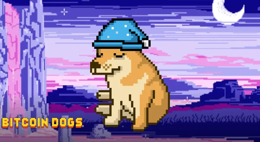 Pixelowy piesek w czapce do spania, symbol bitcoin dogs, odpoczywa pod księżycem.