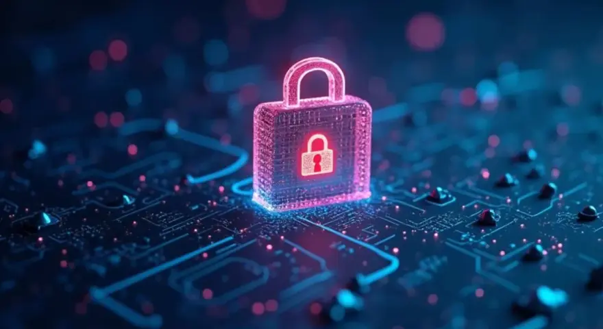 Neonowy symbol kłódki na tle obwodów drukowanych. Idealny na materiały promujące kurs jasmy o bezpieczeństwie cyfrowym.