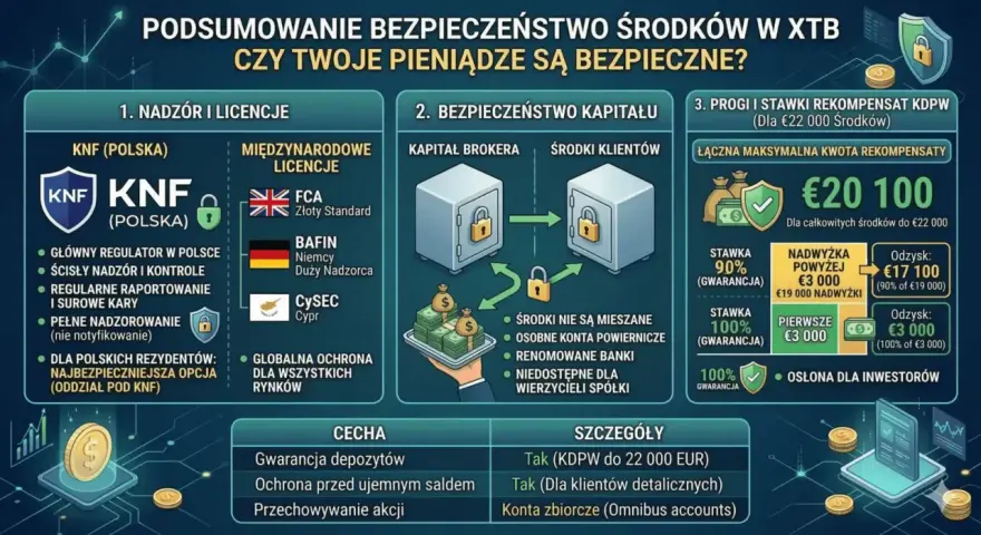 Grafika przedstawia podsumowanie bezpieczeństwa środków w XTB, z logo KNF (Polska) i informacjami o licencjach.