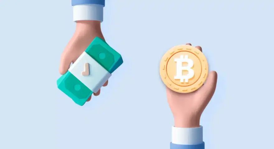 Dwie dłonie: jedna trzyma stos banknotów, druga monetę bitcoin. Dowiedz się, jak sprzedać bitcoin bez podatku.