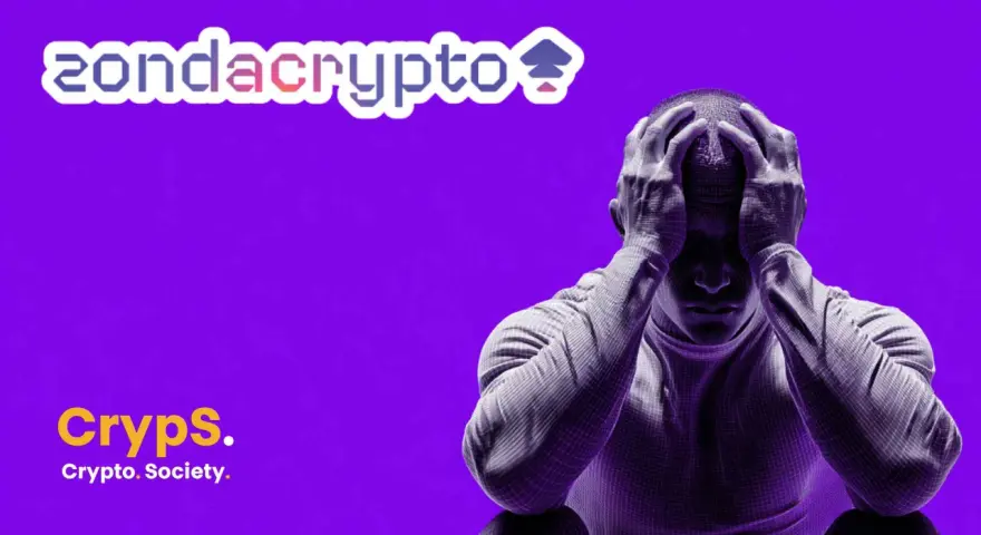Zondacrypto i Cryps. Crypto. Society. na fioletowym tle. Mężczyzna w siatce 3D trzyma się za głowę, symbolizując stres związany z rynkiem kryptowalut, być może z powodu wahań wartości znd token.