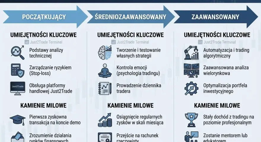 Ścieżka rozwoju tradera: początkujący, średniozaawansowany, zaawansowany. Kluczowe umiejętności i kamienie milowe w handlu forex.