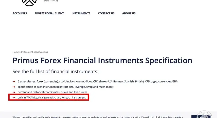 Strona Primus Forex, gdzie lista instrumentów zawiera "only in TMS historical spreads chart". Uważaj na tms brokers oszuści.