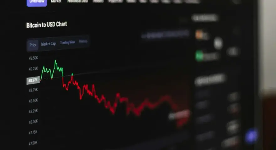 Wykres ceny Bitcoina do USD pokazuje znaczący spadek kryptowalut. Czerwona linia ilustruje trend spadkowy.