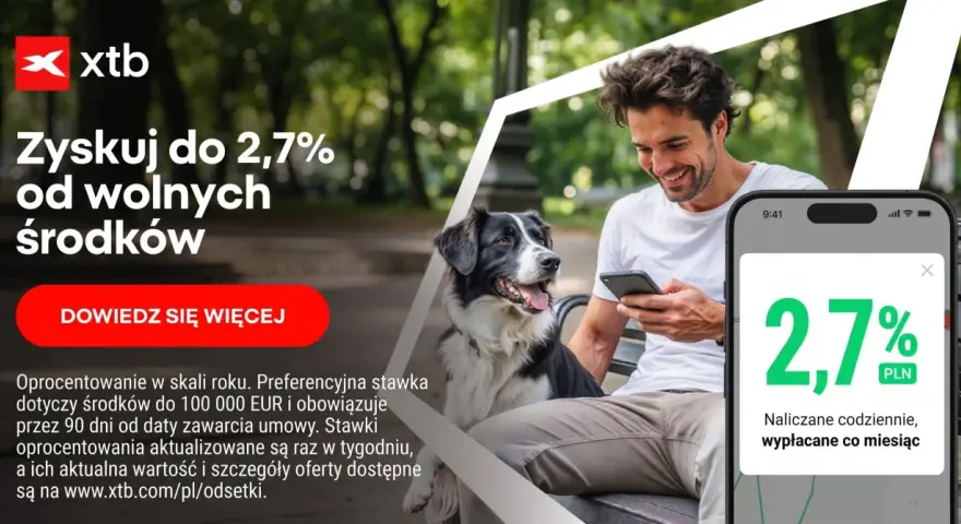 Zyskaj do 2,7% oprocentowania wolnych środków w XTB. Ciesz się codziennym naliczaniem i miesięczną wypłatą.