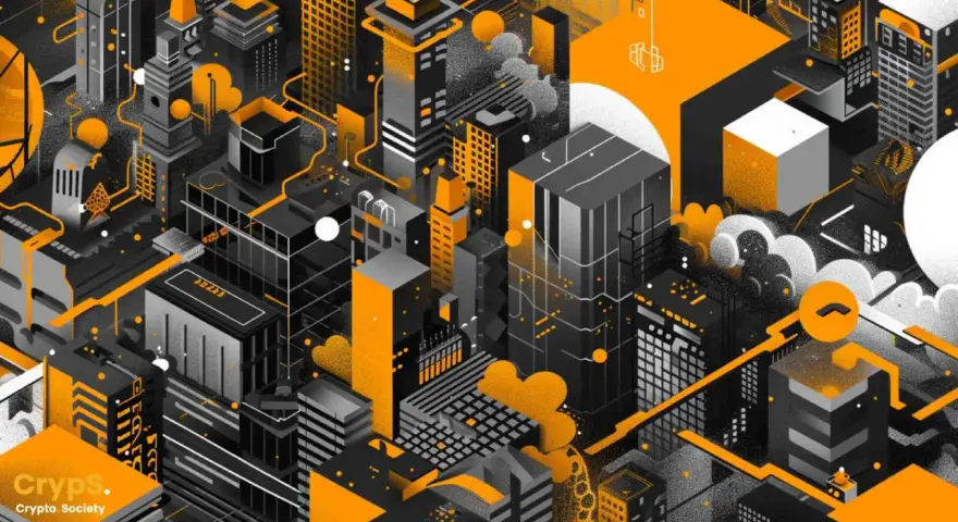 Stylizowana metropolia w odcieniach czerni, bieli i pomarańczy. Widać tu futurystyczne budynki, które mogą symbolizować rozwój technologii, jak np. xdc kurs.