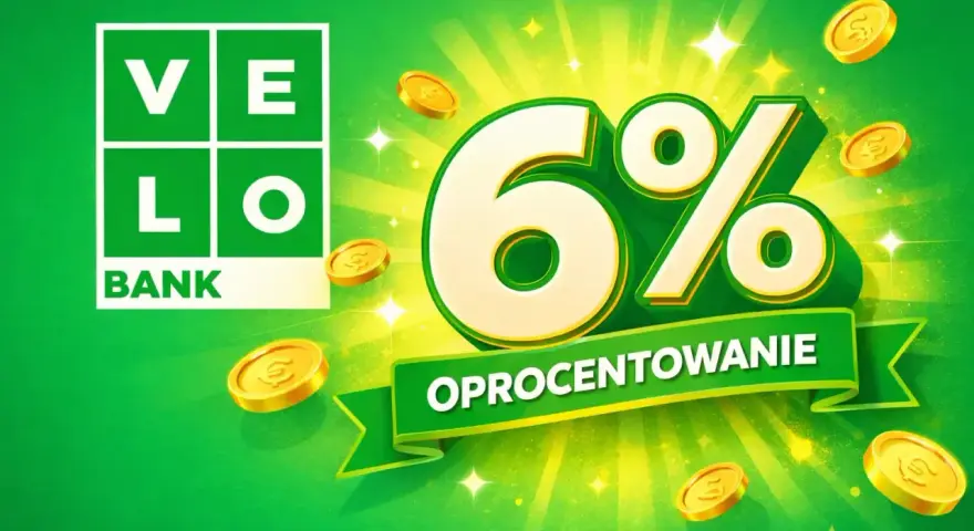 VELO BANK: konto oszczędnościowe z oprocentowaniem 6%. Złote monety i błyski symbolizują zysk.