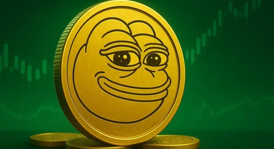 Złota moneta z wizerunkiem Pepe na tle zielonego wykresu świecowego. Pepe coin wykres pokazuje potencjalny wzrost.