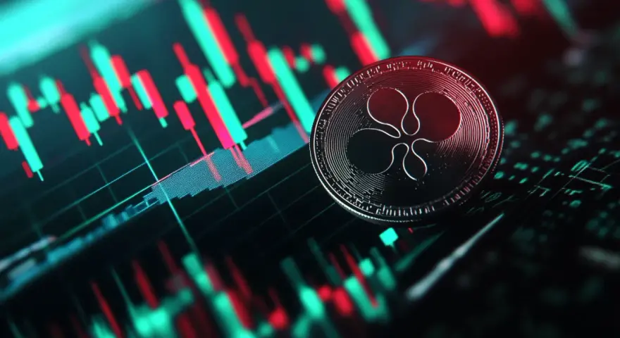 Moneta kryptowaluty Ripple (XRP) na tle wykresu świecowego. Analiza wykresów i prognozy cen kryptowalut to klucz do sukcesu w tym dynamicznym game.