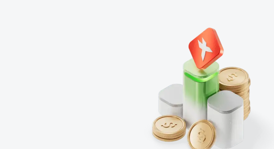 Ikona XTB stop loss na zielonym postumencie, otoczona złotymi monetami.