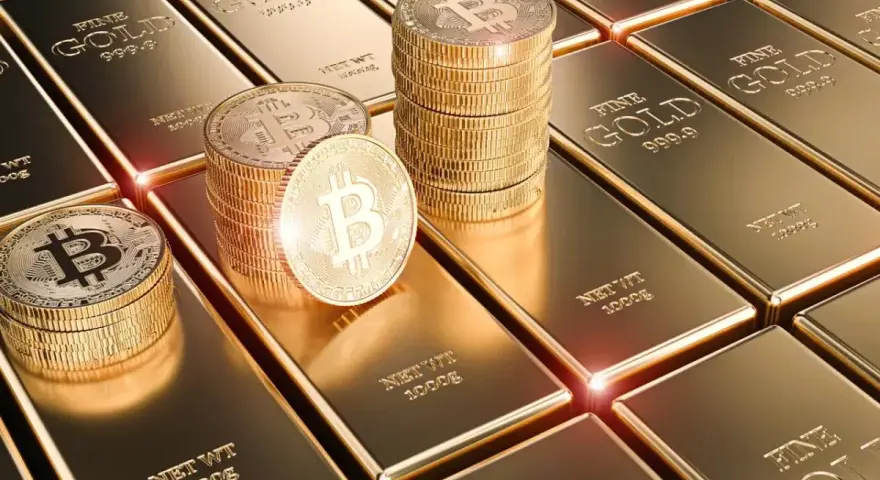 Złote sztabki i monety z symbolem Bitcoina, symbolizujące przyszłość finansów, gdzie fiat crypto staje się rzeczywistością.