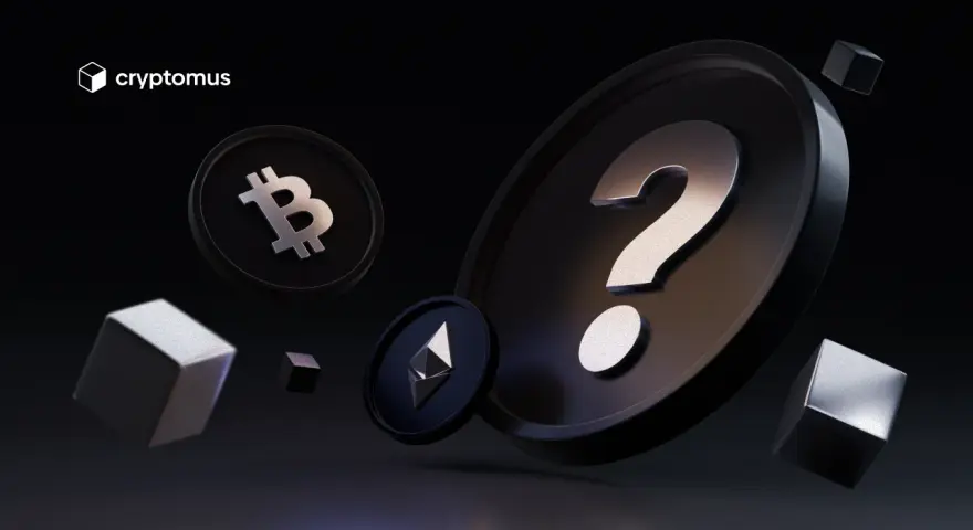 Jak stworzyć kryptowalutę? Monety Bitcoin i Ethereum, znak zapytania i kostki na ciemnym tle.