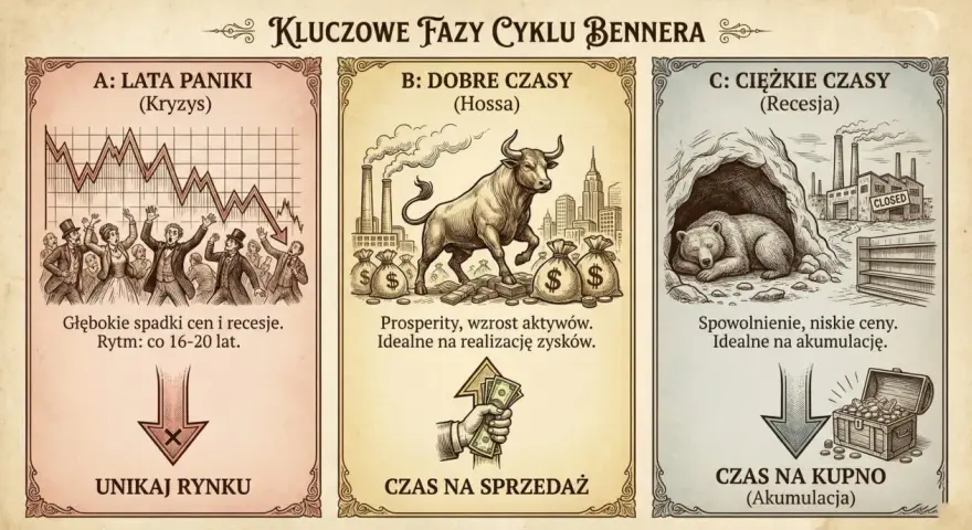 Ilustracja przedstawia kluczowe fazy cyklu Bennera: panikę (spadki, unikanie rynku), dobre czasy (hossa, sprzedaż) i ciężkie czasy (recesja, kupno).