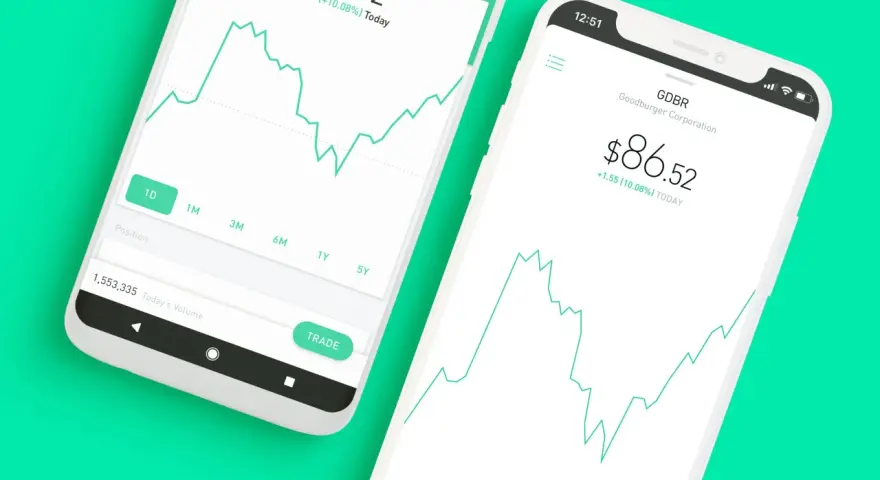 Dwa ekrany smartfonów z interfejsem aplikacji inwestycyjnej, podobnej do Robin Hood. Wykresy giełdowe i dane finansowe.