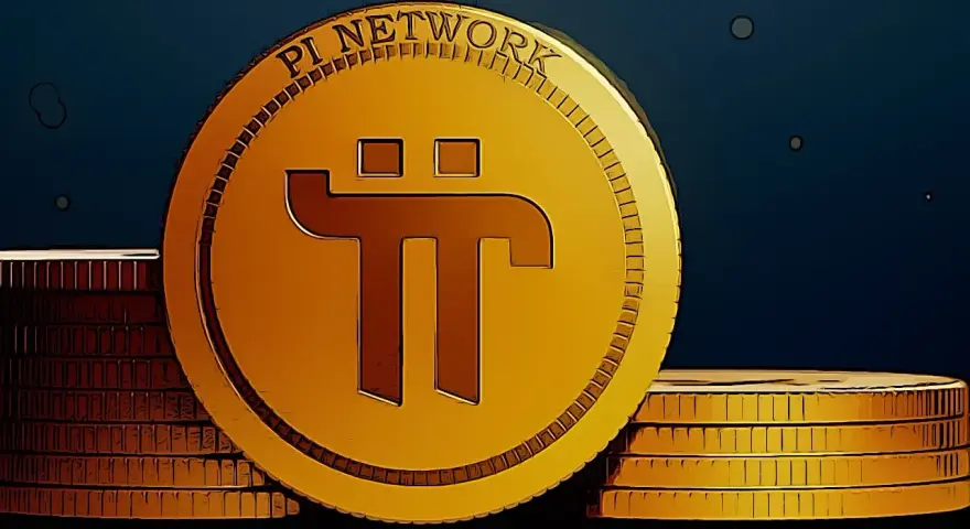 Złota moneta z symbolem Pi Network, obok stosów monet. Kryptowaluta Pi Network w centrum uwagi.