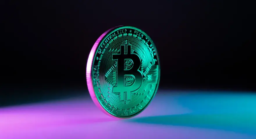 Błyszczący, zielony bitcoin na tle fioletowo-niebieskiego światła. Symbolizuje przyszłość finansów i potencjalny wzrost wartości bit usd.