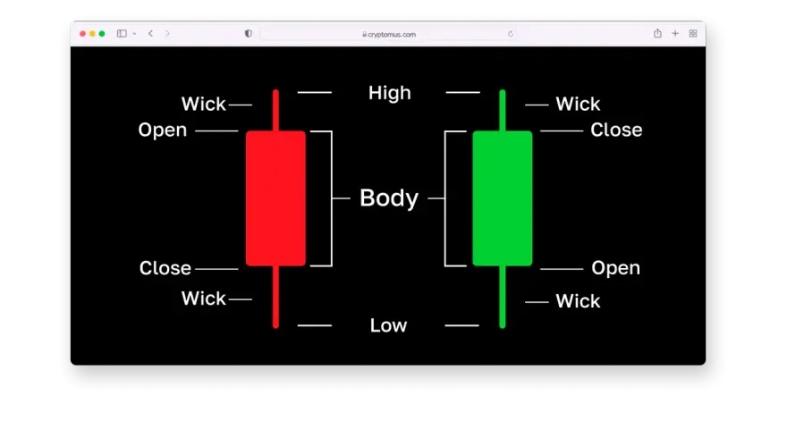 Wykres świecowy: czerwona świeca (spadek) i zielona (wzrost) z oznaczeniami: Open, High, Low, Close, Body, Wick. Podstawa do nauki analizy technicznej, np. polygon kurs.