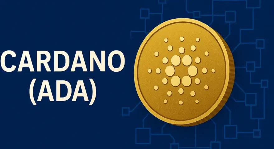 Złota moneta Cardano (ADA) na tle schematu sieci. Analiza Cardano USD.