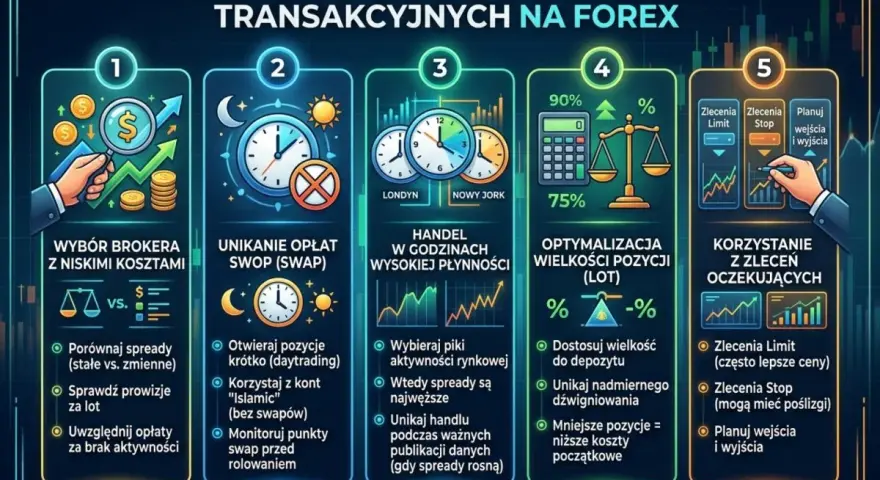 Checklista minimalizacji kosztów transakcyjnych na Forex: wybór brokera, unikanie opłat swap, handel w godzinach płynności, optymalizacja lotów, zlecenia oczekujące. Punkty swapowe XTB są kluczowe.