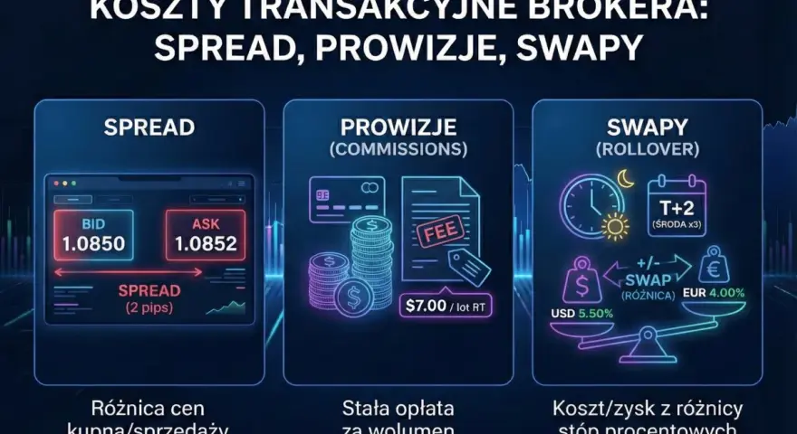 Ilustracja przedstawia koszty transakcyjne brokera: spread, prowizje i swapy. Widoczny jest ekran z cenami BID i ASK, pokazujący xtb spread.