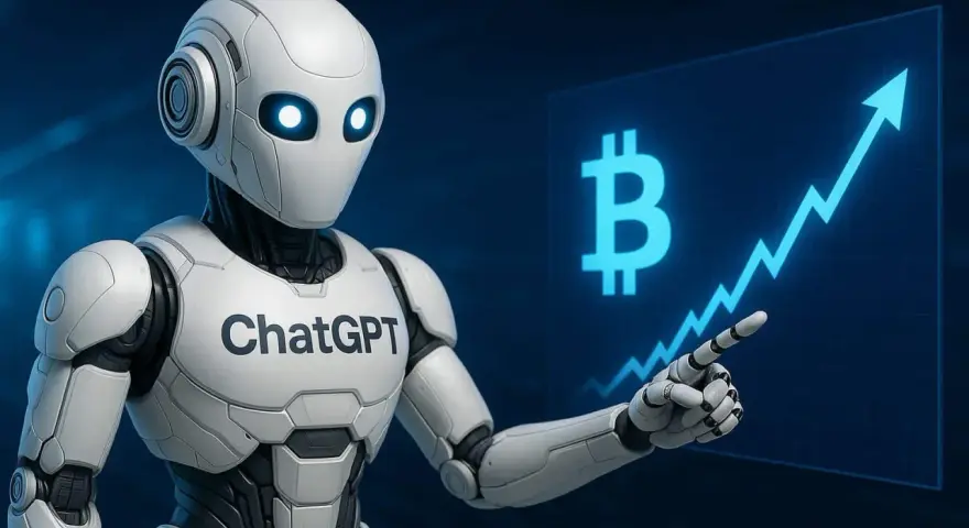 Robot ChatGPT wskazuje na wykres wzrostu Bitcoina, symbolizując potencjał kryptowalut i sztucznej inteligencji w finansach.