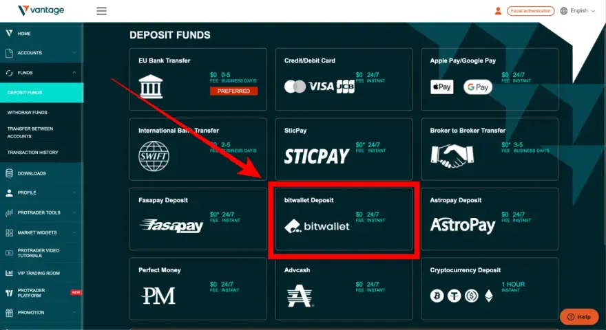 Wybór metody wpłaty na platformie vantage markets: bitwallet Deposit.
