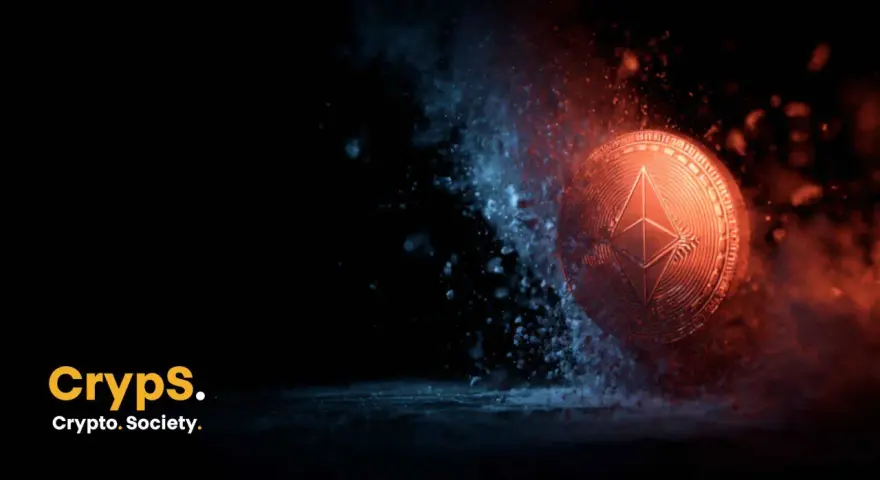 Moneta Ethereum wybija się z mroku, otoczona niebieskim i czerwonym pyłem. Najnowsze ethereum wiadomości w zasięgu ręki.