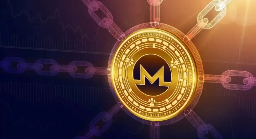Złota moneta Monero (XMR) połączona łańcuchami z cyfrowym tłem, sugerująca handel i inwestycje w kryptowaluty, np. z polskim PLN.