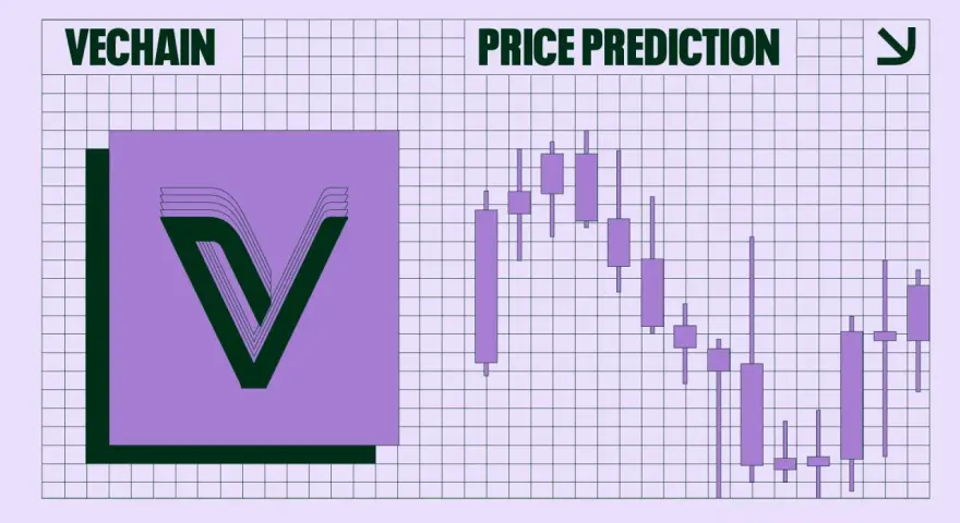 Vechain kurs: wykres świecowy z prognozą ceny. Logo Vechain obok.