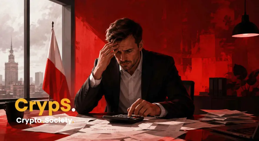 Zmartwiony mężczyzna liczy coś na kalkulatorze. Obok polska flaga. Może to nauka kursu Aave?