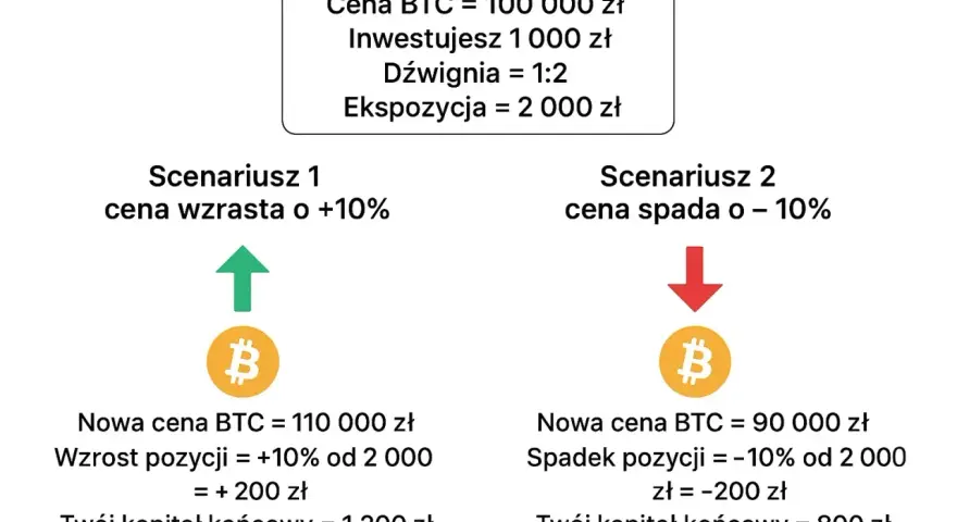 Symulacja zysków i strat z bitcoin cfd: wzrost o 10% daje 1200 zł, spadek o 10% to strata 800 zł.