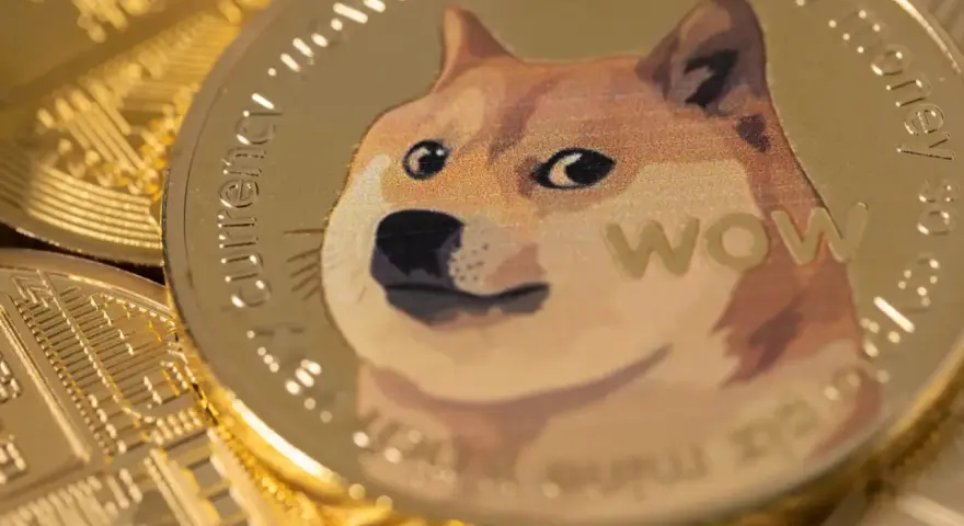 Złota moneta z wizerunkiem psa Shiba Inu i napisem "WOW". W tle widać inne monety, tworząc obraz symbolizujący dogecoin wykres.