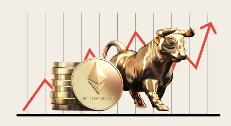 Złoty byk i stos monet Ethereum na tle wykresu wzrostu. Symbolizuje to bull run crypto.