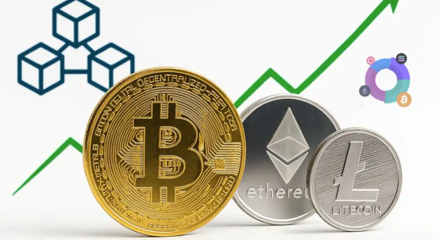 Monety Bitcoin, Ethereum i Litecoin na tle wykresu wzrostu. Symbol blockchain i wykres kołowy sugerują inwestycje w kryptowaluty.