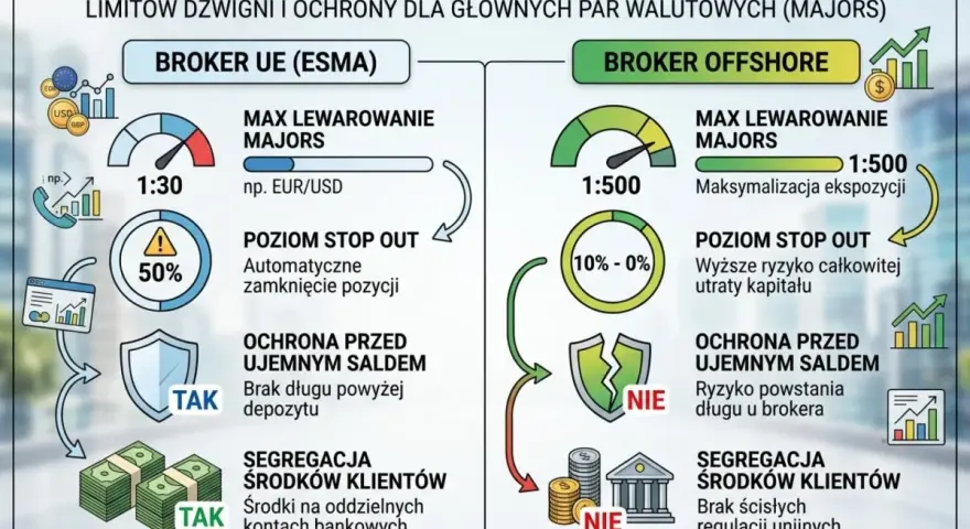 Porównanie brokera UE (ESMA) i brokera offshore: dźwignia, stop out, ochrona przed ujemnym saldem i segregacja środków.